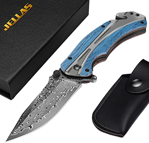 Damast Taschenmesser mit Olivenholzgriff, Klappmesser Damast für Camping, Jagd, Angeln, Wandern, mit Holzgriff & Lederscheide & Geschenkbox (Hellblau)