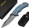 Damast Taschenmesser mit Olivenholzgriff, Klappmesser Damast für Camping, Jagd, Angeln, Wandern, mit Holzgriff & Lederscheide & Geschenkbox (Hellblau)