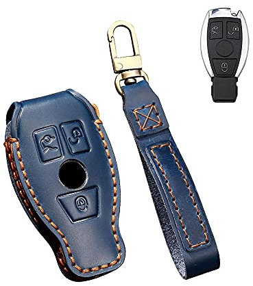HIBEYO Étui de Protection en Cuir pour clé de Voiture Mercedes avec Porte-clés - pour Benz A B C E G S R Classe GLA GLC GLE GLS SL SLK - Bleu
