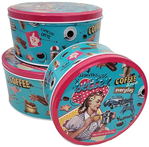 Better Coffee Metall Keksdosen Set von 3 - Hellblau und Rosa Retro Thema Dekorative Plätzchen Geschenkdosen Extra dick - Große, mittlere und kleine Größen für Vorratsbehälter