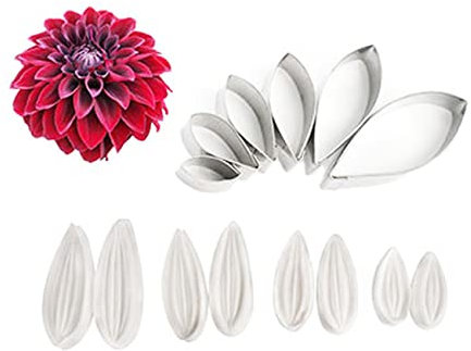 Dahlia Petals Fondant Mould Sets 14pcs Cookie Cutters+Silicone Moulds for Cupcake Toppers Edible Sugar Craft Cake Decorating Gumpaste Clay Chocolate Candy