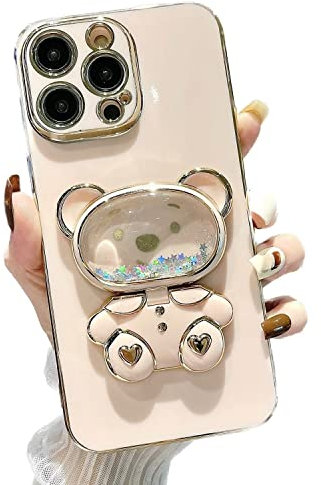 Rnrieyta Miagon Bär Spiegel Ständer Hülle für iPhone 11 Pro Max,Cute Mädchen Dünn Treibsand Glitzer Galvanisierte Schutzhülle Weiches Case Bumper mit Spiegel Halter Kickständer
