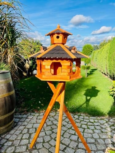 DARLUX handgefertigtes Sechseck Vogelhaus aus Holz wetterfest M - XXL mit und ohne Ständer, Futterhaus, Futterhäuschen (Größe XXL mit Ständer, Schwarz - Braun)