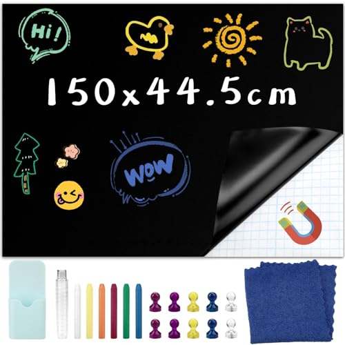 Ziamzra Tafelfolie Selbstklebend 150cmx44.5cm Tafelfolie Magnetisch Schwarz Magnetfolie Abwischbar Magnettafel Kühlschrank Kreidefolie Selbstklebend für Magnettafel Küche Kühlschrank Haus Schule Büro