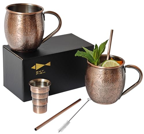SKY FISH 3D-geätzte Moscow Mule Kupfertassen, Set mit 2 Edelstahl-Kupferbechern, 530 ml, Premium-Geschenkset mit 2 Cocktail-Kupfer-Trinkhalmen, Messbecher, groß, FSK-M5-C