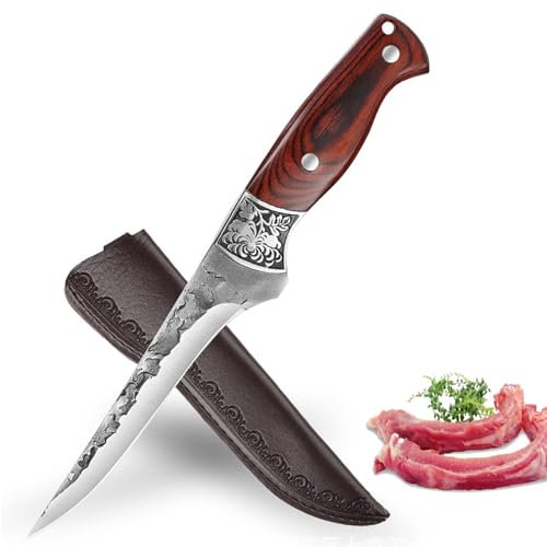 Fubinaty couteau à désosser couteau de cuisine japonais forgé à la main couteau de cuisine Full Tang High Carbon Steel Outdoor couteau de cuisine avec étui en cuir pour camping BBQ