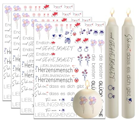 Bolosa 4 Stück Kerzentattoos für Hochzeit, Rub on Sticker, Kerzenfolie, DIY Kerzen Dekorieren, Kerzenaufkleber, 19x14cm Kerzentattoo (Hochzeit 6)