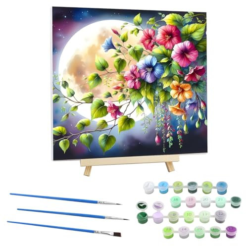 EOBROMD Peinture par Numéros pour Adulte Lune, DIY Peinture Acrylique pour Adultes Débutants avec Cadre en Bois et Chevalet, Fleurs Motifs Sans Plis Toile 30x30cm