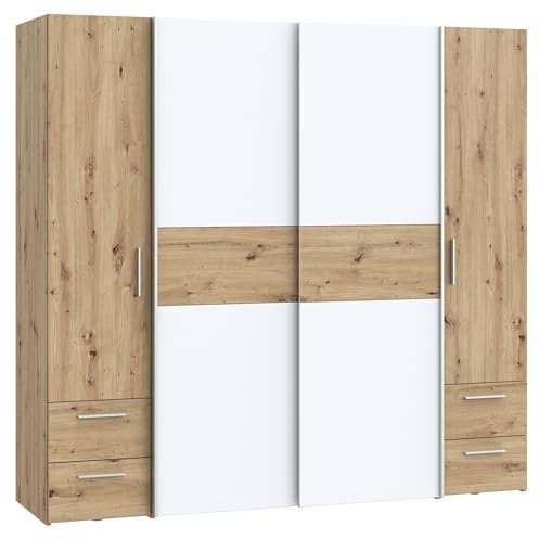FORTE Möbel Kapaza klassischer Kleiderschrank 200, Dreh-,Schwebetürenschrank mit 4 Schubladen, Holzwerkstoff, Artisan Eiche, Weiß, 200,1 cm breit, 190,5 cm hoch, 61,2 cm tief