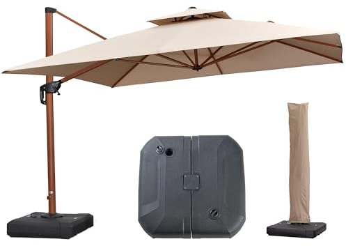 PURPLE LEAF Parasol Déporté 3,3 x 3,3 m Carré avec pieds de Parasol, Aspect du Teck en Aluminium, Parasol de Jardin Extérieur à Toit Double Rotatif 360°, Pour Terrasses, Piscines, Patio, Kaki marron