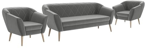 MEBLINI Mini Sofa Set 3-1-1 für Wohnzimmer - Mini Lounge für fünf Personen - Küchensofa - Sofa Klein - Sitzgarnitur - Polstergarnitur - Sofagarnituren - Gisela - 3+1+1 - Hellgrau Samt