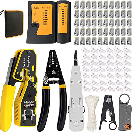 MAYLINE RJ45/CAT5/CAT6 Herramienta de cable de Crimpador de red, profesional de Mantenimiento de, LAN Probador de cables de red 50 Conectores, Pasante RJ45Herramientas de Reparación (amarillo)