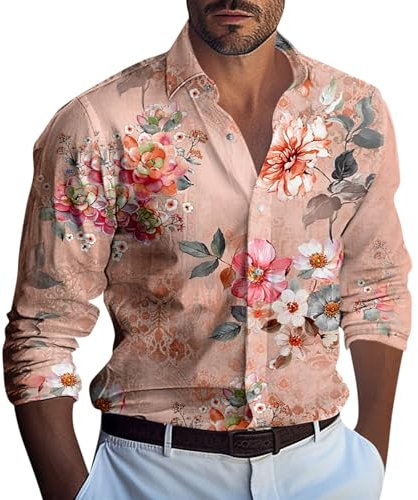 Chemise Homme, Chemise Homme Grande Taille Mariage Manches Longues Polo Vetement Chemisette Manche Courte Tee Shirt Homme Noir Thee Shirts Chemise Col Mao Vetement Fluo Été (1-Rose,L)