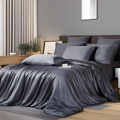 Boqingzhu Bambus Bettwäsche 155×220 cm Anthrazit Grau Sommer Kühlend Doppelbett Luxus Lyocell Seide Bettwäsche Set Bettbezug mit Reißverschluss und 2 Kissenbezüge 80x80cm