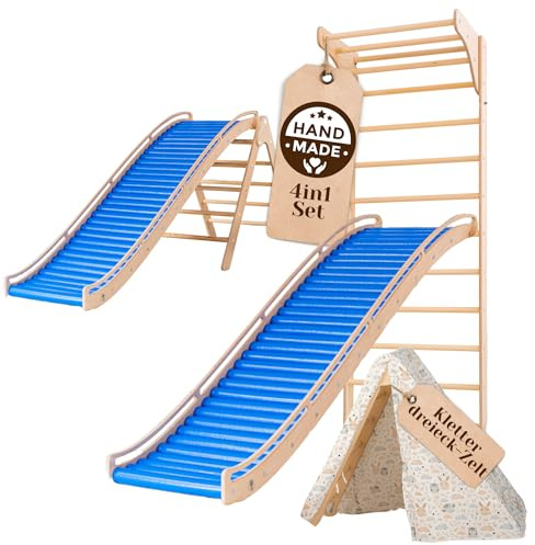 WoodsCraft 4in1 Wellenrutsche mit Kletterdreieck, Sprossenwand für Kinderzimmer & Kinderzelt Indoor | Rutsche Outdoor & Indoor | Kinderrutsche-Rollenrutsche | Kinder & Baby Rutsche für den Garten