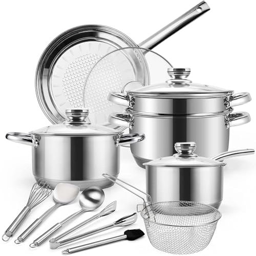 15-teiliges Edelstahl Topf und Pfannenset, Induktion Topfset mit Glasdeckeln, Kochtopf Set mit Dampfgarer, Küchenhelfer Set & Bratkorb, Kochgeschirr Set für Alle Herdarten & Backofenfest, Silber