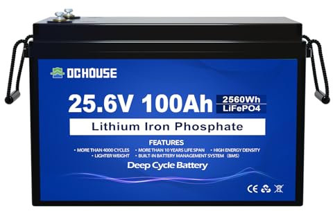 Batteria al litio DCHOUSE LiFePO4 24V, 100Ah, BMS incorporato, con oltre 4000 cicli profondi, adatta per camper, motori da pesca, impianti di energia solare