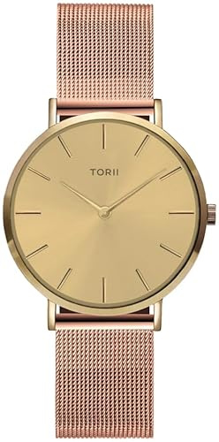 TORII Damenuhr Gold Edelstahl - rund Quarz G34RS.GG Milanaise-Armband Strichindizes wasserdicht 50 m