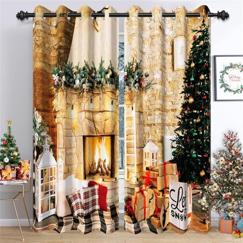 Ttincceer Weihnachtsvorhang für Wohnzimmer Retro Weiß Ziegelwand Kamin Verdunkelung Schlafzimmer Vorhänge Grün Weihnachtsbaum Kariert Kissen Fenster Behandlungen Vorhänge für Schlafzimmer 117x138cm
