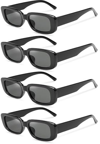 SEFIRST 4 Stück Vintage Sonnenbrille Damen und Herren, Retro Rechteckige Schmale Sonnenbrillen Schwarz, UV400-Schutz, 70er & 80er Jahre Stil, Sunglasses für karneval, Trendige Sonnenbrille Herren
