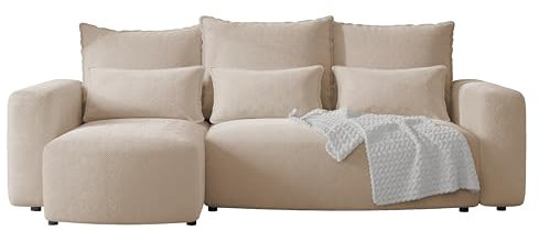 4ALL HOME Ecksofa mit Schlaffunktion Travis 248x148 cm, Couch, Sofa mit Bettkasten, Eckcouch, L-Form, Schlaffsofa, Universal (Cord Onega 15 Blassrosa)