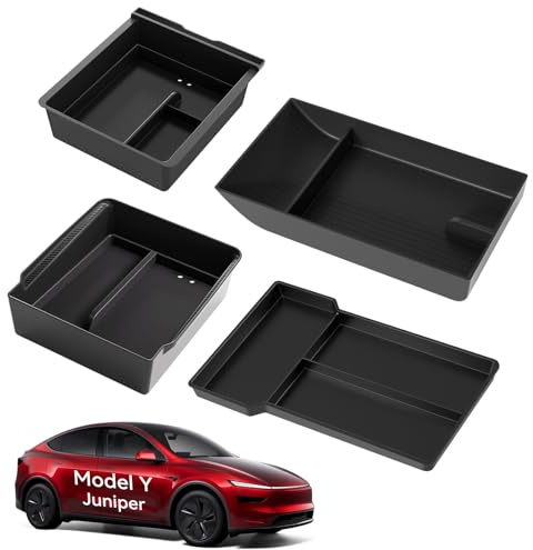 VIHIMAI Lot de 4 plateaux de rangement divisés pour console centrale Tesla Model Y 2025 - Double couche coulissante - Accessoire pour console centrale - Noir - Modèle Y - Genévrier