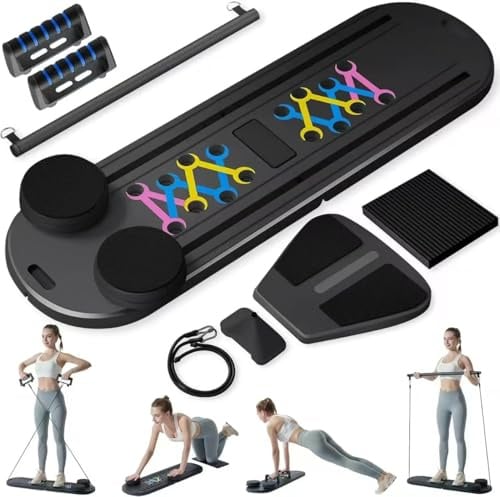 Pilates Reformer Maschine, 6-in-1 Faltbare Heim-Fitnessgeräte mit Bauchbrett, Ellenbogenstütze, Widerstandsbänder für Ganzkörpertraining