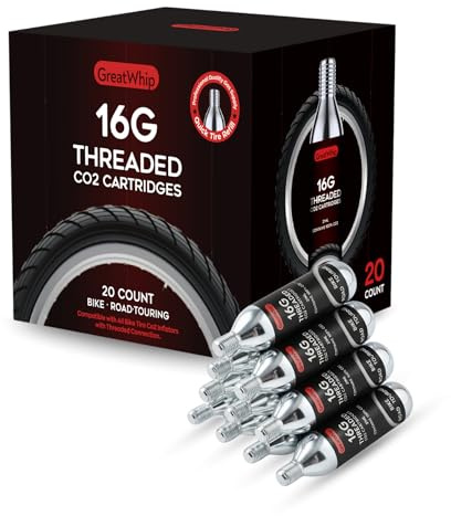 16g CO2 Kartuschen mit Gewinde für Fahrrad - GreatWhip CO2 Kapseln kompatibel mit CO2 Pumpe/Inflator, Ideal für MTB, Rennrad & E-Bike Reifen, schnelles Aufpumpen unterwegs