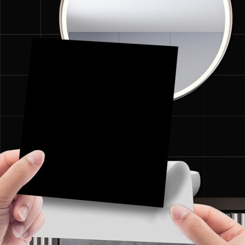 LUPATDY 48 Pièces Credence Adhesive Pour Cuisine Noir, Stickers Muraux 15 x 15 cm, En Vinyle Imperméable, PVC Autocollant Mural Pour Cuisine, Salle à Manger, Salle de Bain