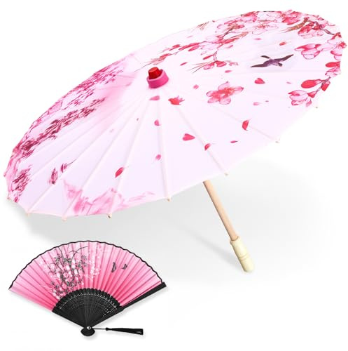 Maitys Chinese Wedding Parasol Set, 32 Silk Umbrella with Folding Fan | for Wedding Photo Props, Sunshade, Bamboo Frame and Silk Fabric, Traditional Floral, Ideal for Oriental Gift, Pink and White