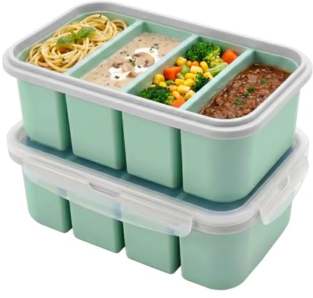 2 Contenitori Per Congelare Le Zuppe, Stampo in Silicone 4 Scomparti | con Coperchio e Chiusura a Clip, Vassoio per Ghiaccio senza BPA per Zuppe, Brodi, Salse e Meal Prep, Blu