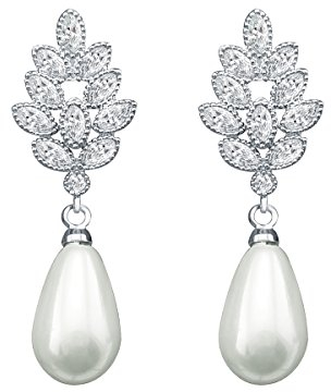 QUKE Silber-Ton Zirkonia Kristall künstliche Perle Hochzeit Braut Ohrhänger hängend Ohrringe Modeschmuck