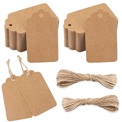 jijAcraft Kraft Paper Gift Tags, 100Pcs Brown 7x4CM Hang Tags with String for DIY Crafts