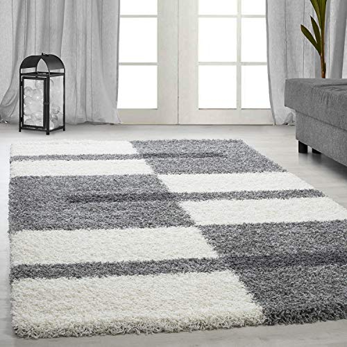 Ayyildiz Teppich-Hochflor Shaggy Teppich Karo Linien Muster Flauschig , Polypropylen, Hellgrau, 60 X 110