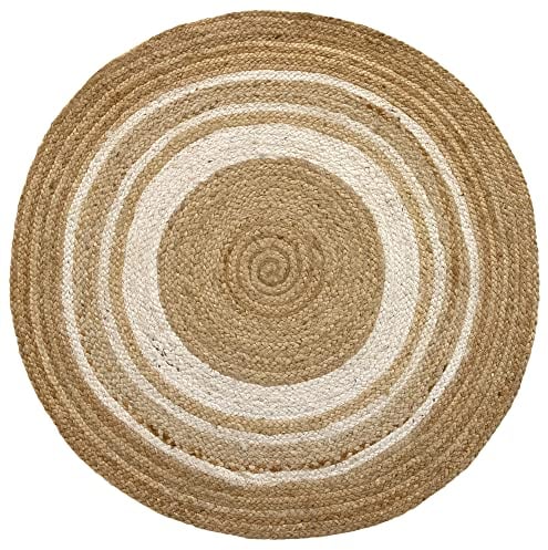 HAMID Jute Teppich Rund, Alhambra Teppich Handgewebt 100% Naturfaser de Jute, Wohnzimmer, Schlafzimmer, Flurteppich, Farbe Natur/Weiß, (100x100cm)