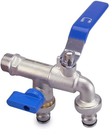 SMARDY Doppel Wasserhahn aus Messing 1/2x3/4x3/4 Zoll, Doppel Kugelhahn Auslaufhahn mit 2 Schlauchanschlüssen 3/4 für Garten, Regentonne, Waschmaschine