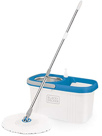 Black+Decker Fregona giratoria y Cubo 360 BXBK0001GB con Tambor de Acero Inoxidable, 44 cm x 24 cm x 23 cm, Blanco