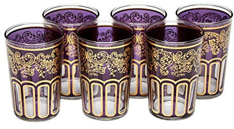 Moroccan Tea Glasses with a Beautiful Classical Moroccan Design Painted and Decorated by Hand Pack of 6 (Purple)
