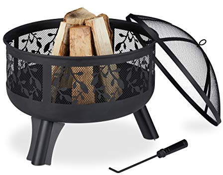 Relaxdays Brasero avec Protection étincelles, Jardin et terrasse, avec tisonnier, Foyer extérieur, HxD 60 x 60 cm, Noir