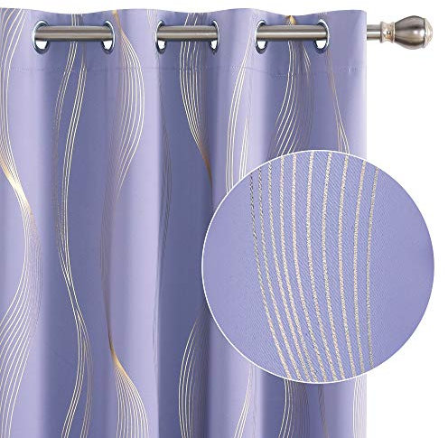 Deconovo Set mit 2 Vorhängen, silberfarben, Motiv Linie, Blickdicht, Thermisch, kältebeständig, 117 x 183 cm, Ösenvorhang, modernes Design, für Schlafzimmer, Haus, Wohnzimmer, Lavendel
