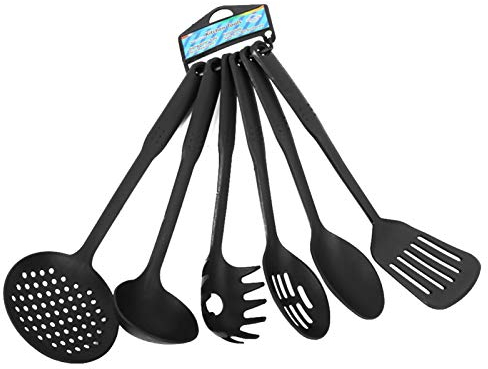 6pcs/set Heat Resistan Cooking Utensil Set Non Stick Plastic Safe Kitchen Tools with Spatula, Slotted Spatula,Spoon,Slotted Turner, Spaghetti server, Slotted Spoon(Black)