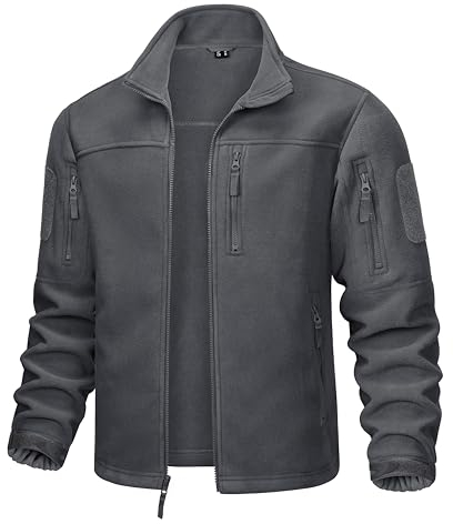 MAGCOMSEN Herren Stehkragen Fleecejacke Full Zip Army Jacken Winddicht Übergangsjacke Herren Military Winterjacke Outdoor Jagden Wandern Fliesjacke mit Vielen Taschen Dunkelgrau S