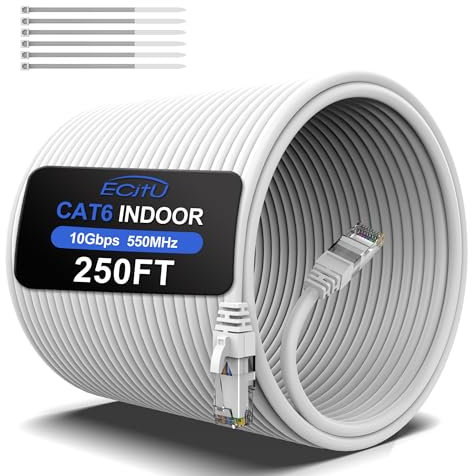 250FT Cat6 Ethernet Cable, Cat 6 Patch Cable, Cat6 Internet Cable, UTP Network Cable, Indoor and Outdoor, PoE, 24AWG CCA, Compatible for PC, Laptop, Router, Switch, Server, with 25 Cable Ties - White