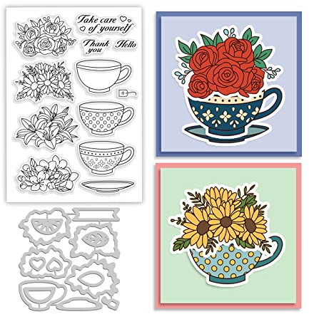 GLOBLELAND Flowers Teacup Theme Clear Stamps and Die Cuts Afternoon Tea Silicone Stamps Cards and Metal Cutting Dies for Card Making and DIY Embossing Scrapbooking