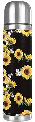 coosun Sunflower Pattern Stainless Steel Flasks Water Bottle Vacuum Insulated Cup Leak Proof Double Vacuum Bottle, PU Leather Travel Thermal Mug,17 oz