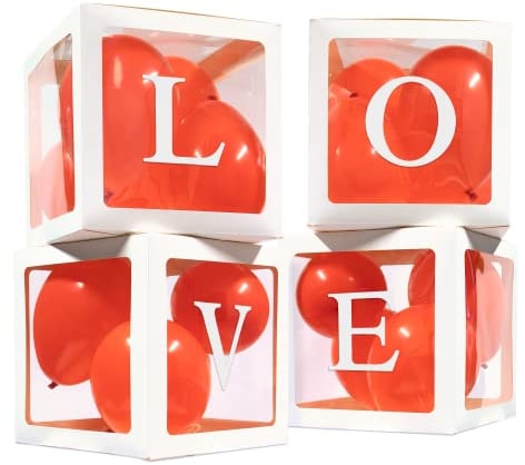 Party Factory Ballonbox LOVE, 4er Set, je 30x30cm, inkl. 16 rote Ballons á 20 cm, JGS, Hochzeit, Jahrestag, Valentinstag