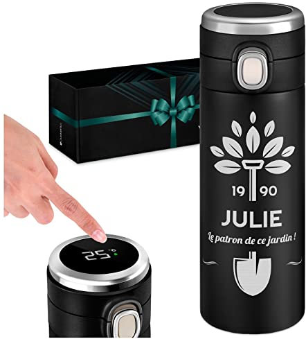 Maverton Mug de voyage personnalisé - Bouteille isotherme 400 ml - Tasse en inox avec Afficheur de température LED - Thermos gravé pour femme - anniversaire - pour elle - jardin