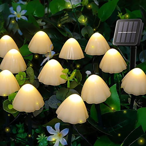 Pellimo Solar Garden Lights, 12 LED 14.5ft Mini Mushroom Solar Lights Outdoor Waterproof, 2 Modes Lighted Mushroom Shaped Pathway Light for Patio Yard Garden Christmas Fall Decoration（Warm White）
