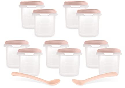 Miniland Set 10 Hermisized Candy 200 ml,10 luftdichte Behälter mit Maßeinteilung und 2 Löffeln, sicher, robust und spülmaschinenfest, mikrowellen- und gefriergeeignet, Kollektion Dolce.