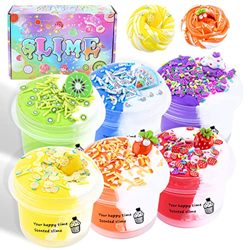 LAWOHO 6 Pack Butterschleim, zweifarbiges, Flauschiges Slime set für Mädchen & Jungen, weiches & antihaftbeschichtetes Spielzeug zum Stressabbau, Geschenkidee für Geburtstag Ostern Weihnachten Neujahr